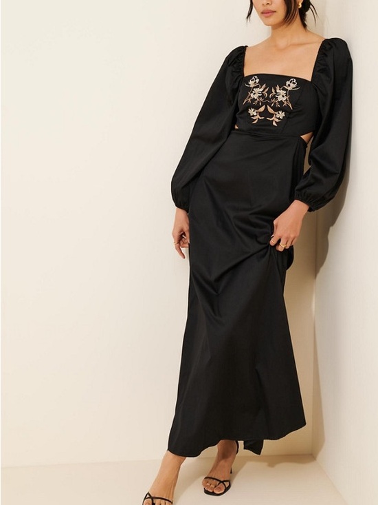 Anthropologie Dresses & Skirts - Especia Black Embroidered Cut Out Maxi Dress Puff Long Sleeves Anthropologie XS